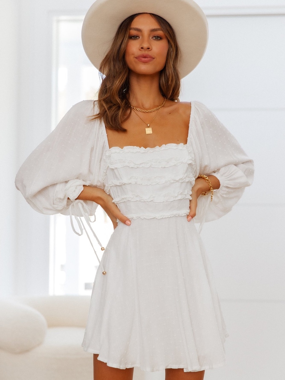 White Ruffle Mini Dress with Puff Sleeves - Women